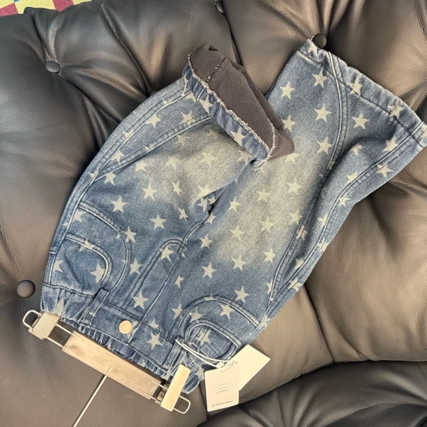 实体捡漏90码女童秋冬加绒韩版星星撞色外套牛仔裤套装