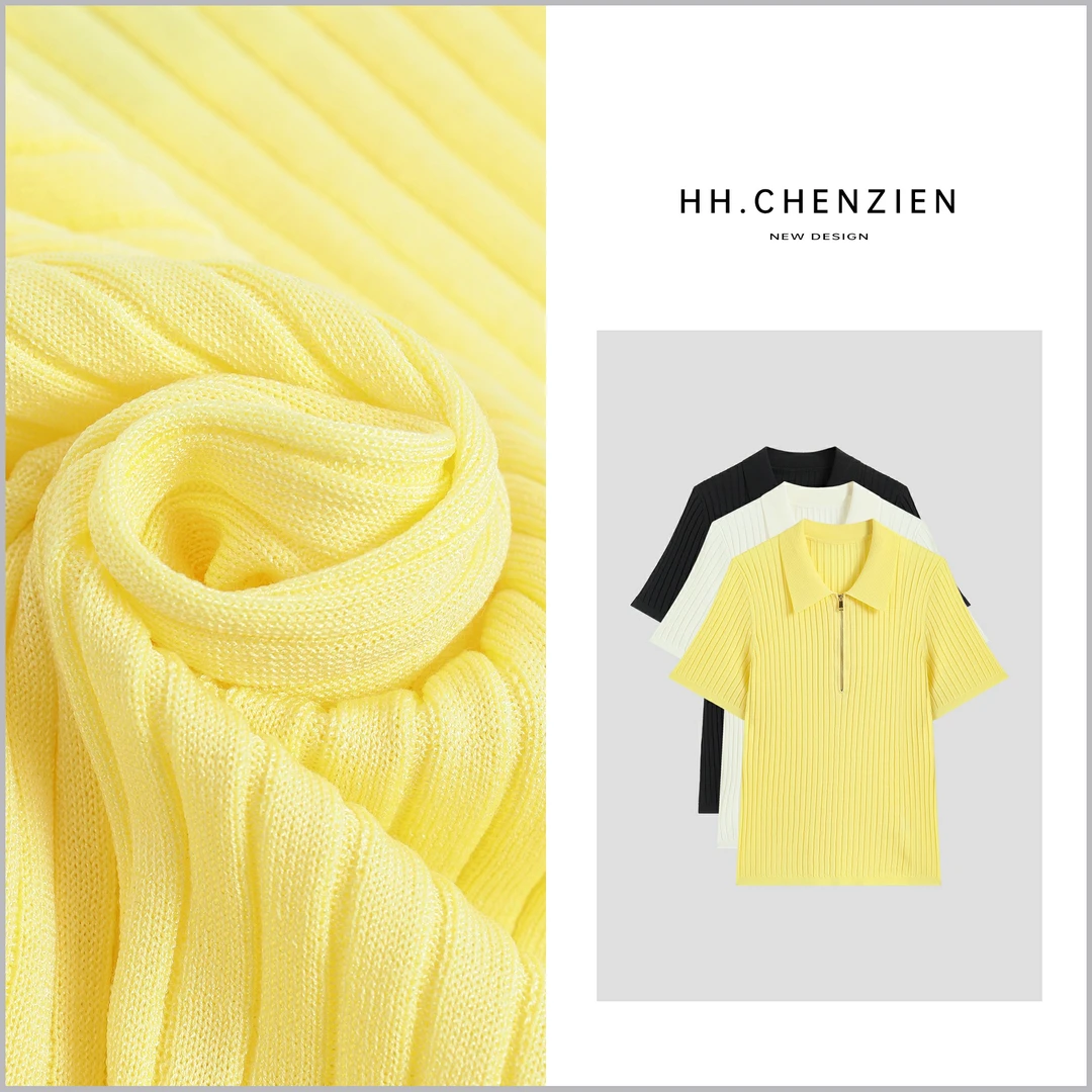 【黑黑家】“岛精16针”夏季针织半拉链竖坑条翻领休闲时尚针织上衣