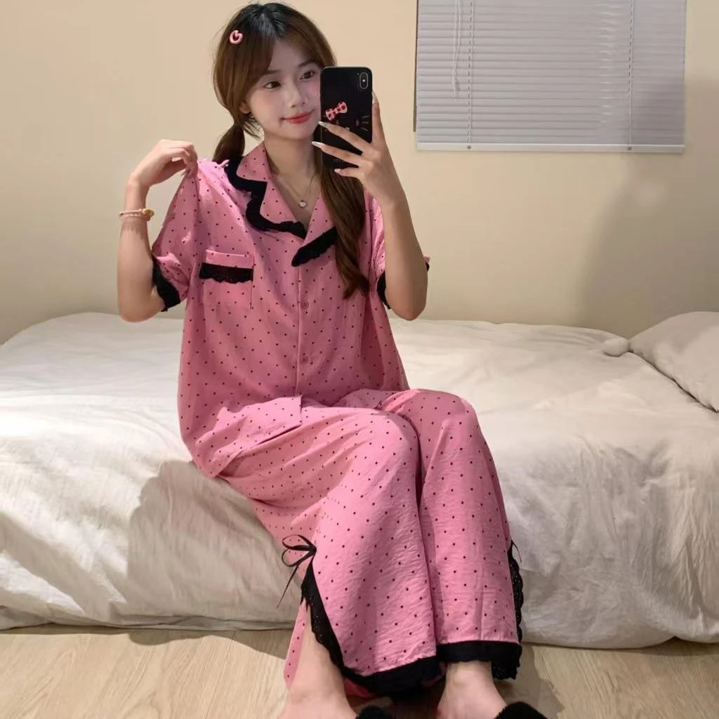 柔情甜美蕾丝花边波点款云朵棉女士睡衣家居服