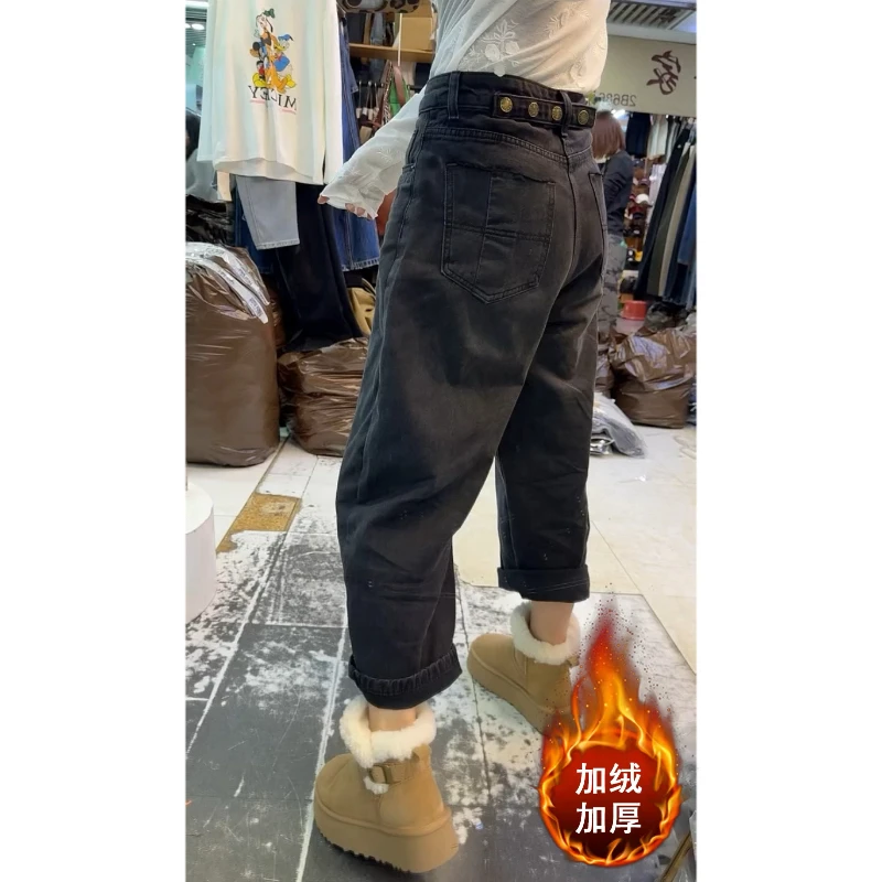 Aimeerosa/艾洛莎时髦腰扣直筒老爹裤2025秋冬加绒显瘦九分牛仔裤