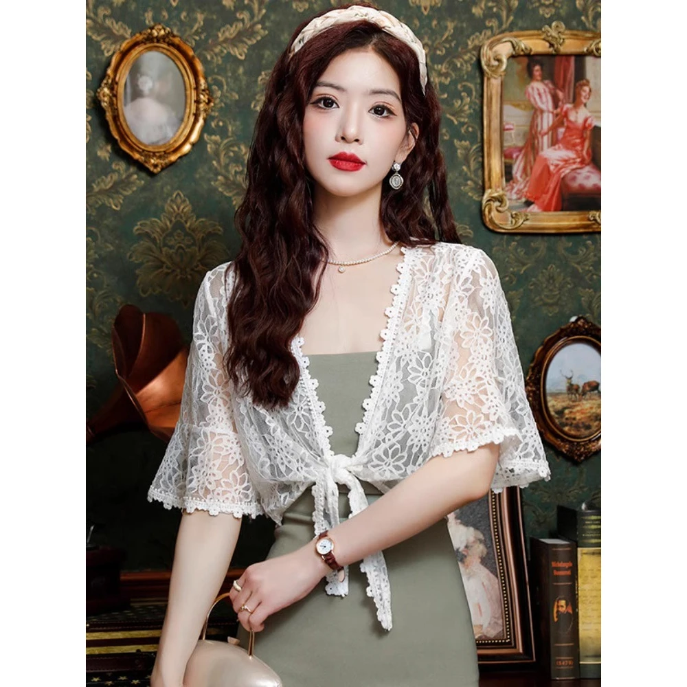 蕾丝短袖开衫小披肩外套女薄款2024夏季外搭小坎肩防晒衣女空调衫