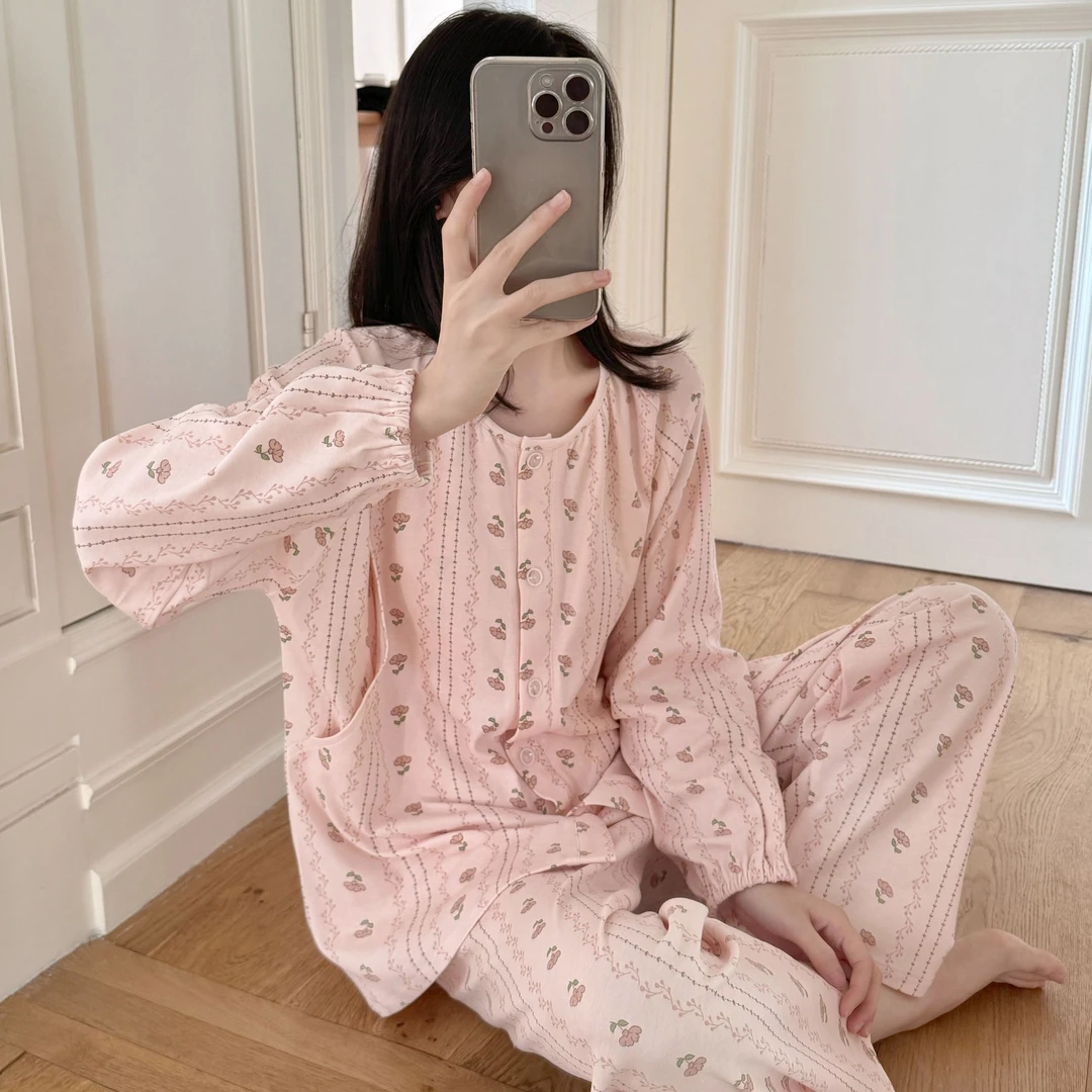 《纯棉带胸垫》孕妇睡衣待产月子服产后哺乳睡衣孕妇喂奶家居服产妇