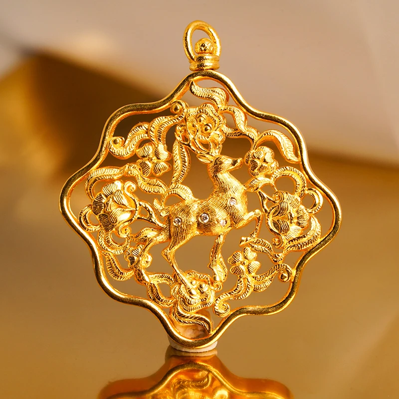 【品众珠宝】24K足金一鹿有你大吊牌古法錾刻黄金饰品-禁用优惠卷