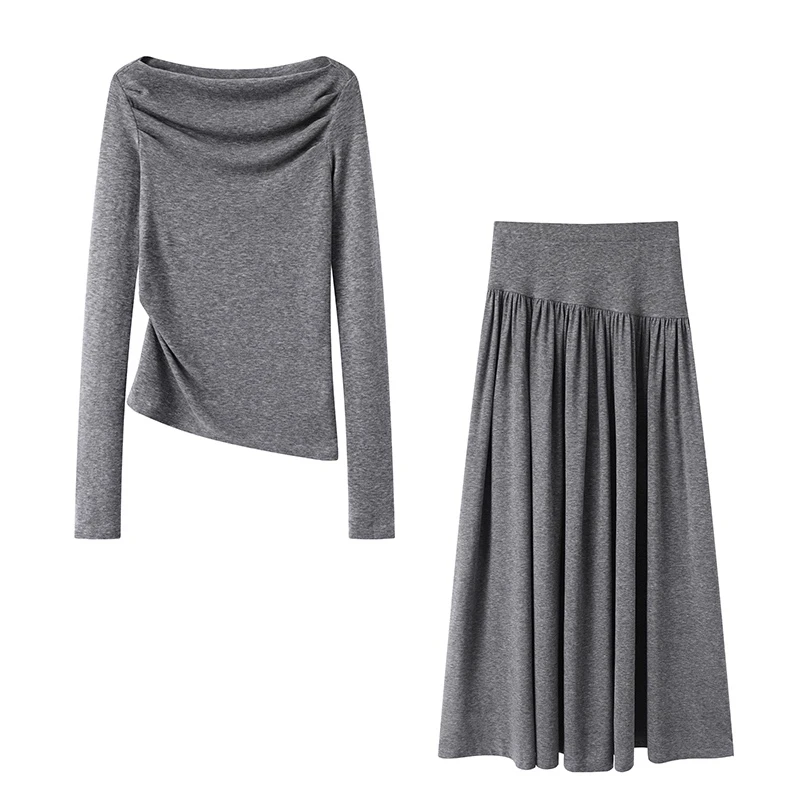 【套装】【商场同款】艾家2025新款不规则斜领长袖上衣半身裙套装9237