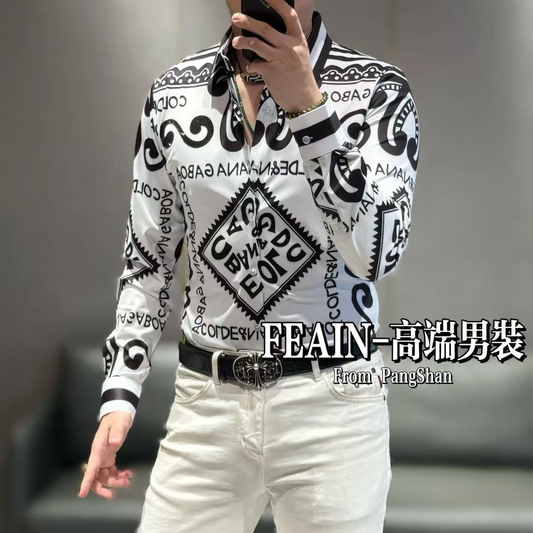 高端男士弹力莱卡黑白撞色腰果花风格奥钻点缀长袖衬衫2560