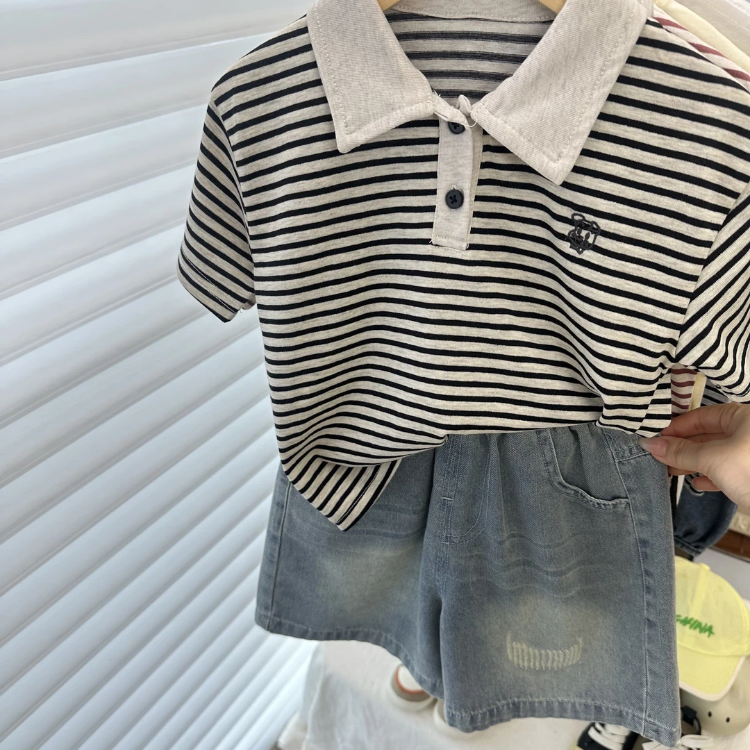 卡通小狗polo短袖衫儿童套头衫童装撞色圆领款宝宝上衣条纹韩版