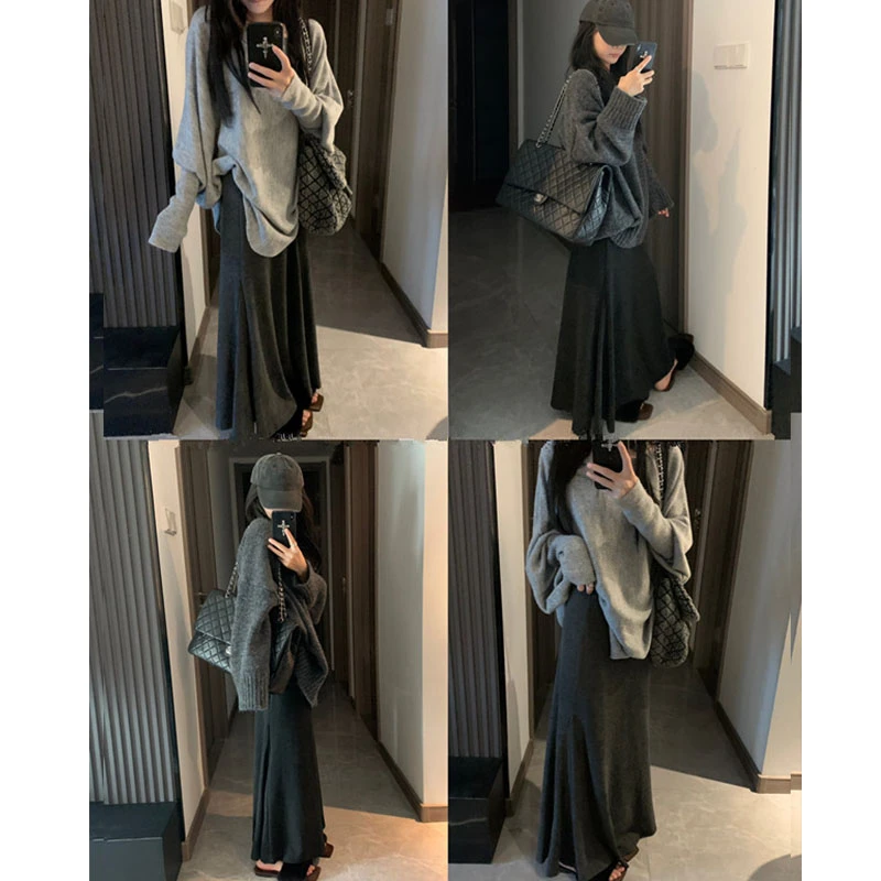 慵懒松弛感深灰色软糯半身裙女秋冬新款百搭高腰显瘦垂感鱼尾长裙