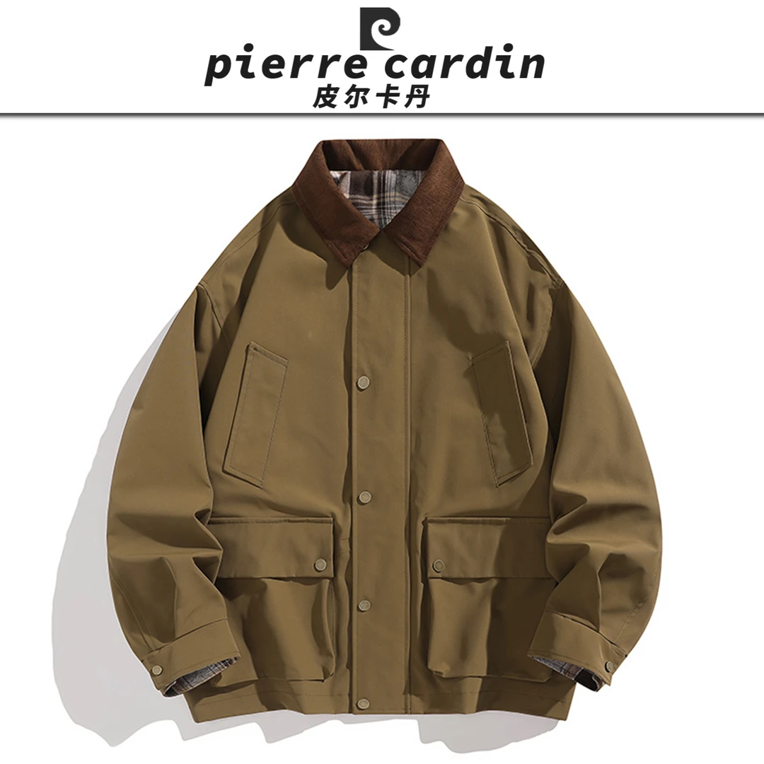 皮尔卡丹【官方】男士美式工装夹克男春美式宽松翻领上衣拼色多口袋