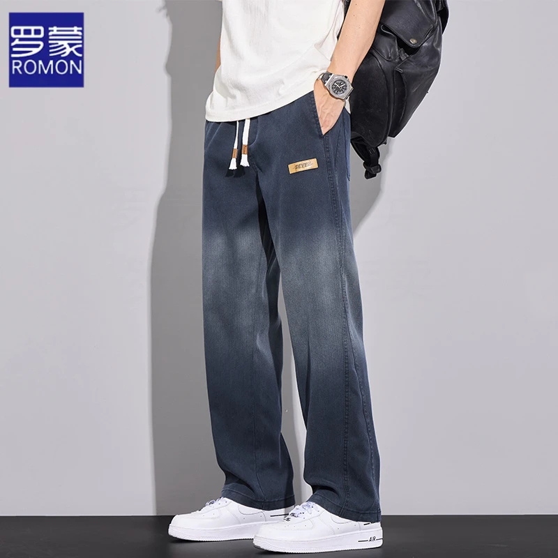 罗蒙夏季薄款天丝渐变休闲裤男士冰丝直筒宽松透气阔腿百搭长裤子