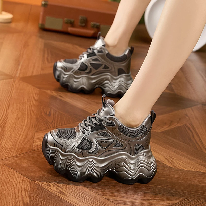 厚底老爹鞋女款2025春季新款时尚网面百搭松糕鞋小个子内女鞋