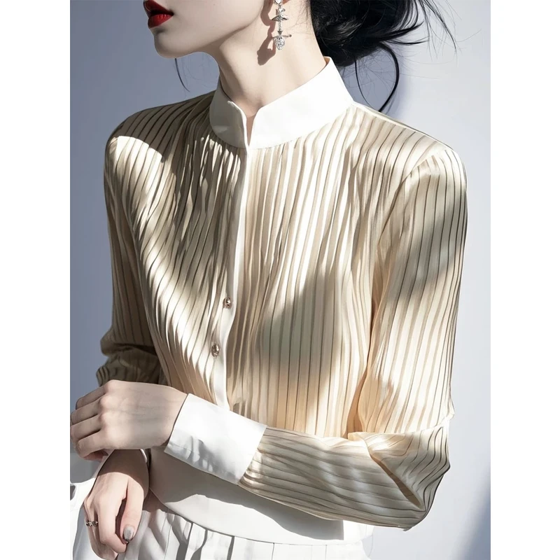 杏色条纹衬衫独特漂亮高级感轻奢减龄洋气法式打底上衣女2025春季