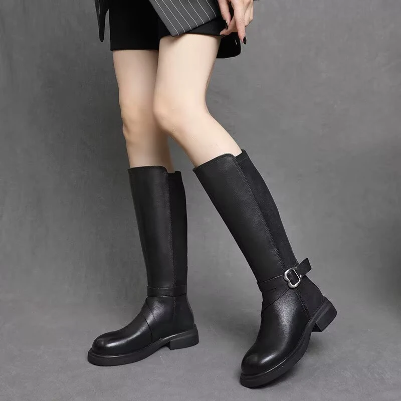 2025款秋冬真皮骑士靴女靴马丁靴方跟长筒高筒皮靴复古不过膝长靴
