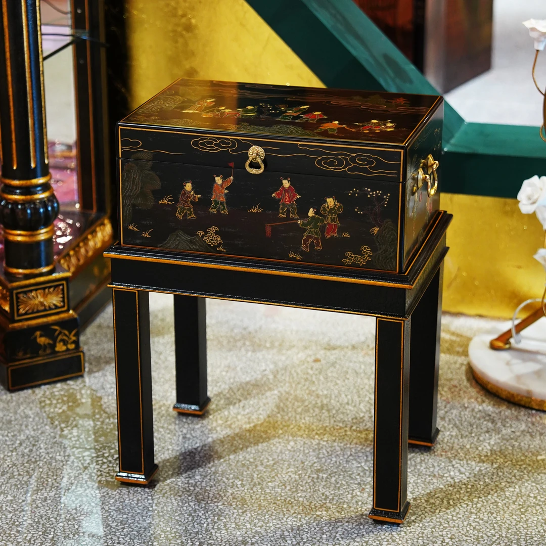 【本尼家】YS165法式中国风黑底绘《百子嬉戏》装饰盒边几收纳玄关柜
