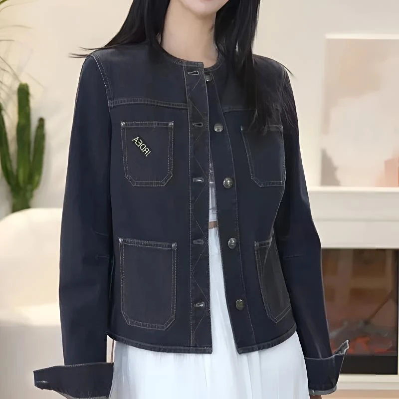 【商场同款】2025新款百搭休闲精致圆领拼接四口袋设计款牛仔外套
