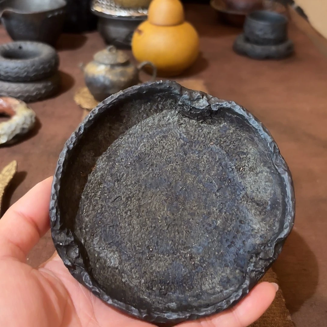 黑淘泥柴烧壶承直径12