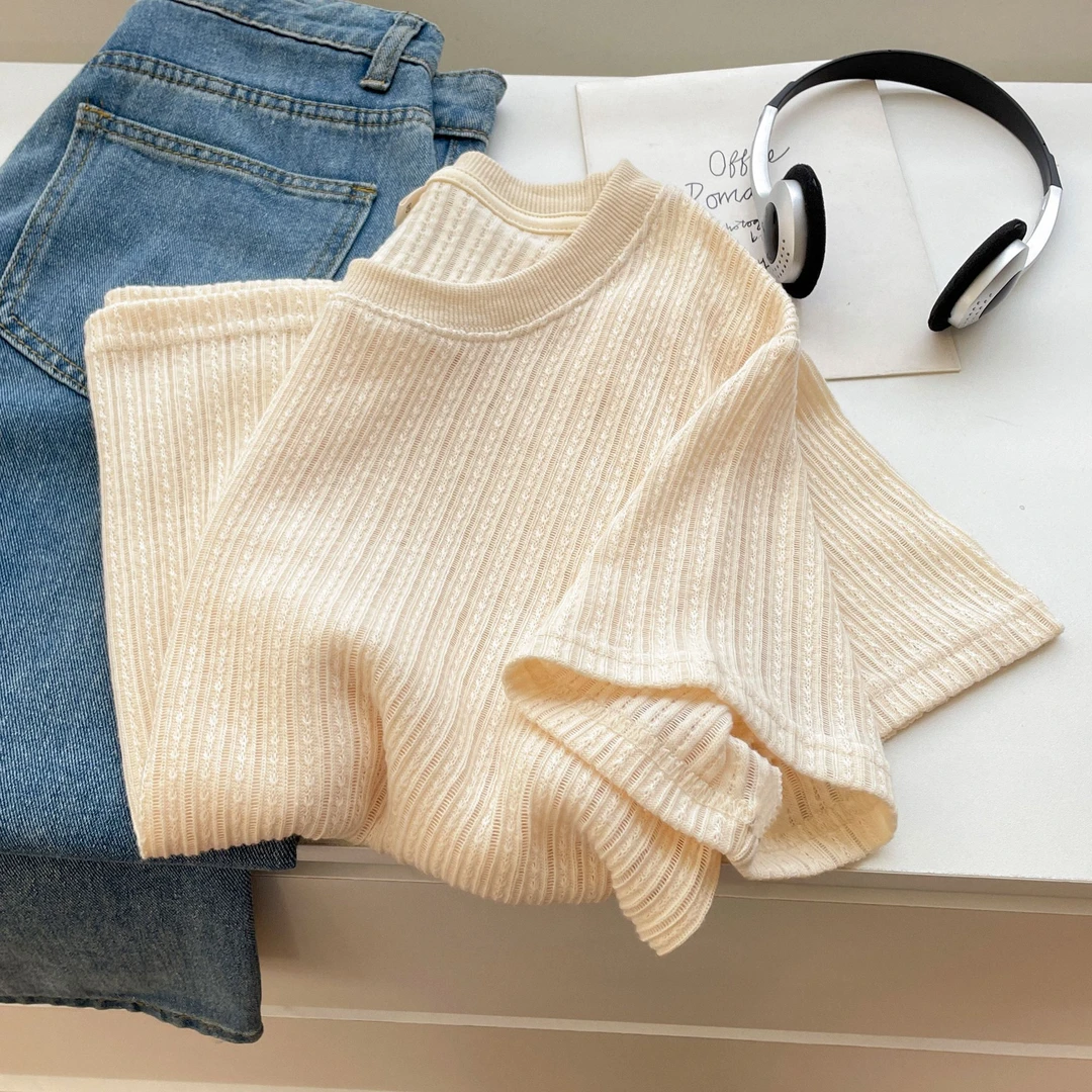 法式正肩别致坑条设计感短袖T恤女装夏季镂空薄款高级感圆领上衣