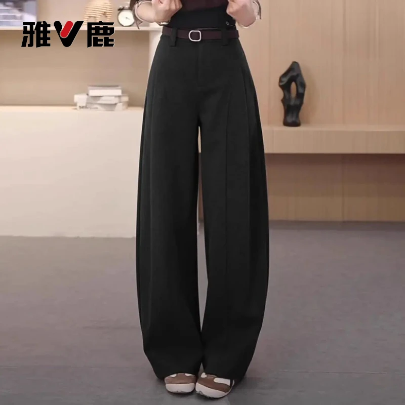 雅鹿弯刀阔腿裤女秋冬季2025新款高腰宽松慵懒风休闲香蕉直筒卫裤