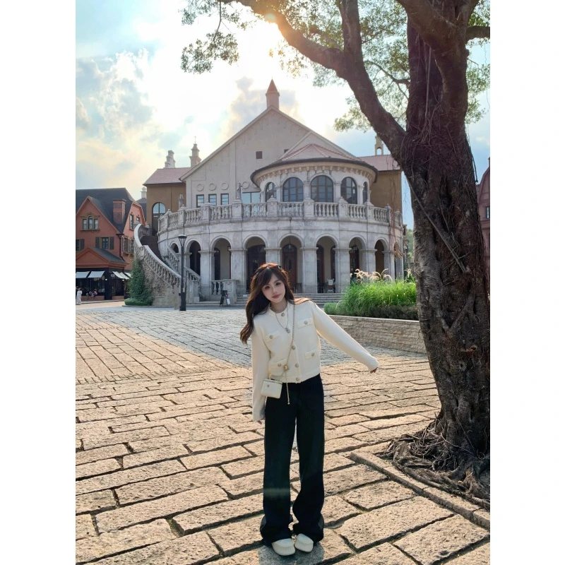 别致高级感小香风毛衣针织开衫短款上衣黑色高腰休闲阔腿裤两件套