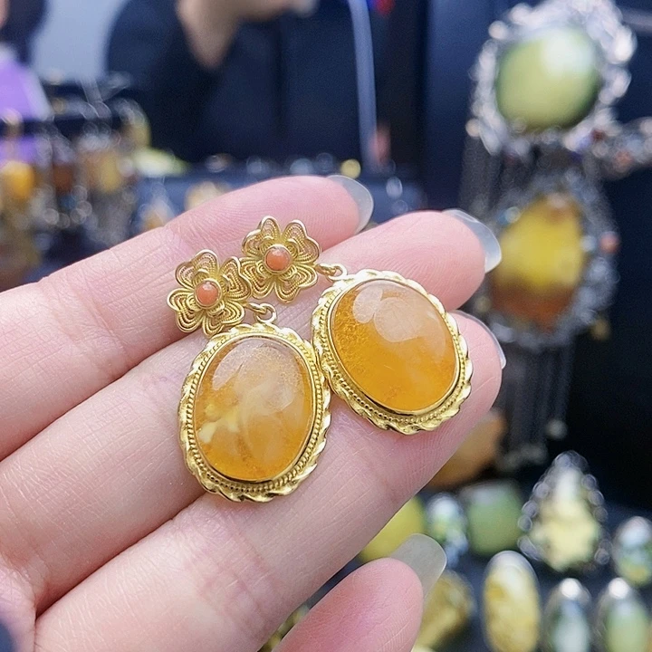 琥珀裸石银S925镶嵌耳坠