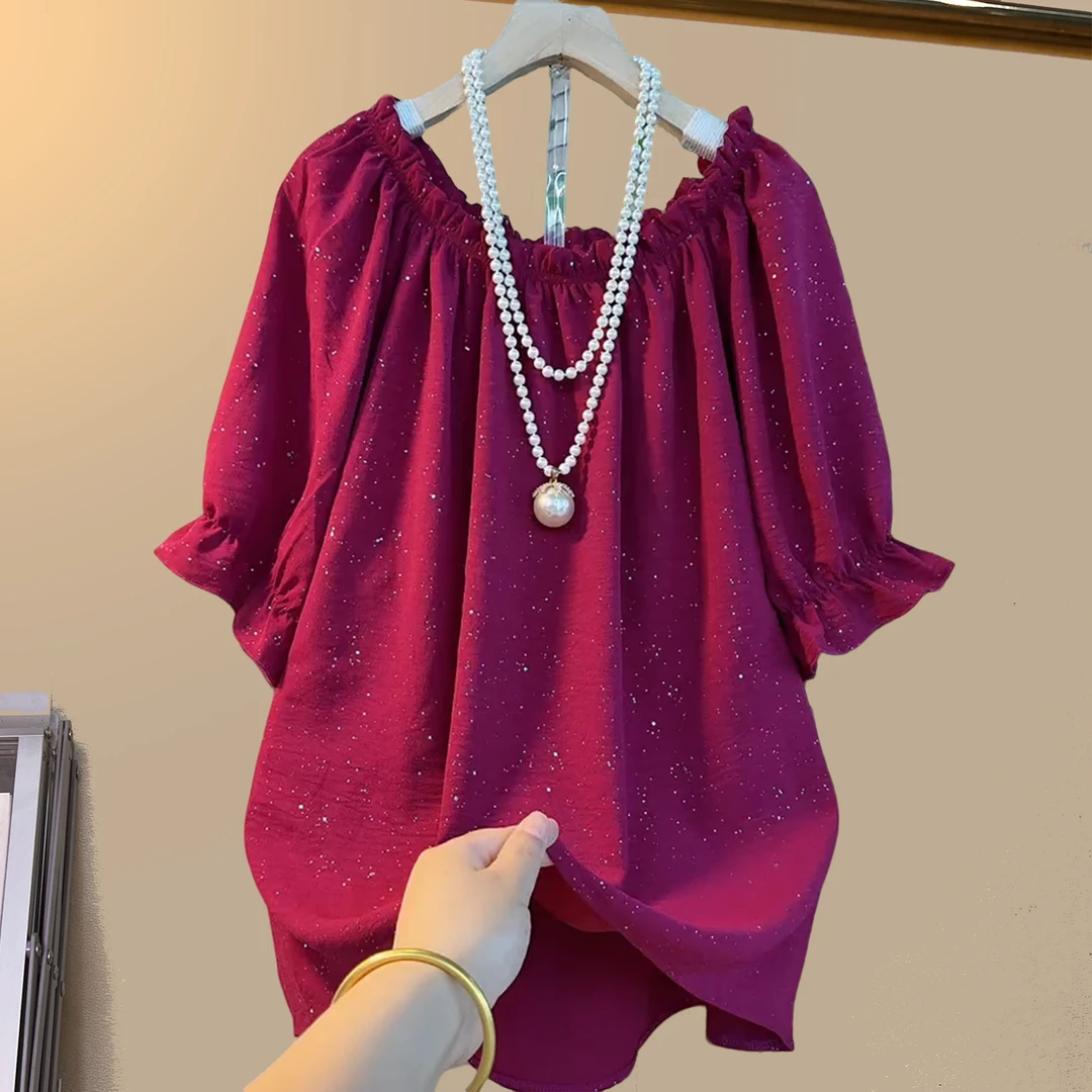 夏季大码女装胖妹妹玫红木耳边一字肩大版遮肉宽松显瘦半袖上衣