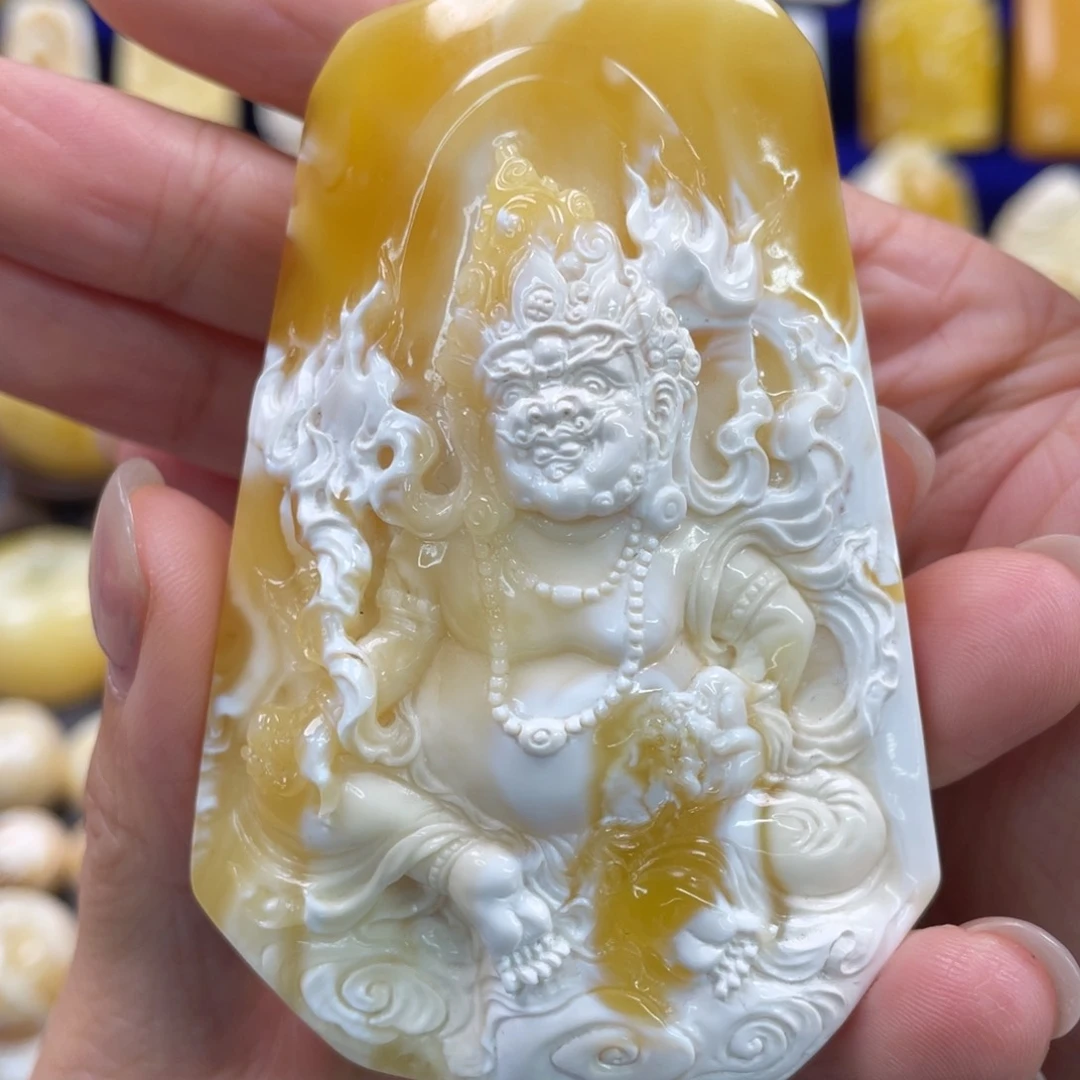 蜜蜡裸石未镶嵌琥珀蜜蜡黄财神吊坠