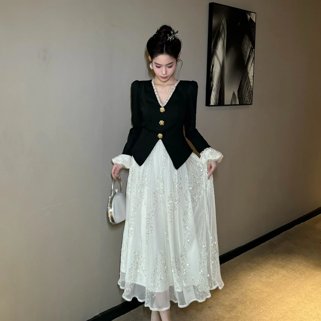 【时时原创】气质拼接假两件轻奢法式名媛时尚优雅女神连衣裙21612