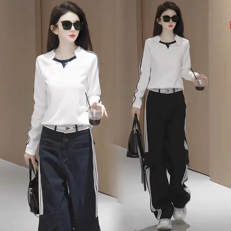 2025春秋新款时尚套装女时髦洋气长短袖T恤工装阔腿裤气质两件套