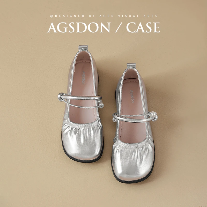 奥古狮登银色单鞋女夏季2025新款浅口平底玛丽珍凉鞋法式气质芭蕾