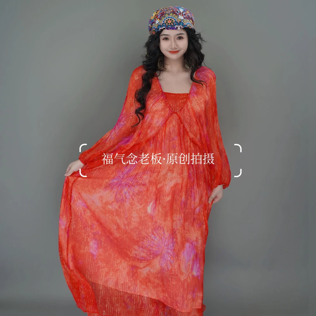 【金丝玉蝴蝶】重磅100桑蚕丝连衣裙夏长裙红蝴蝶印花宽松长袖防晒