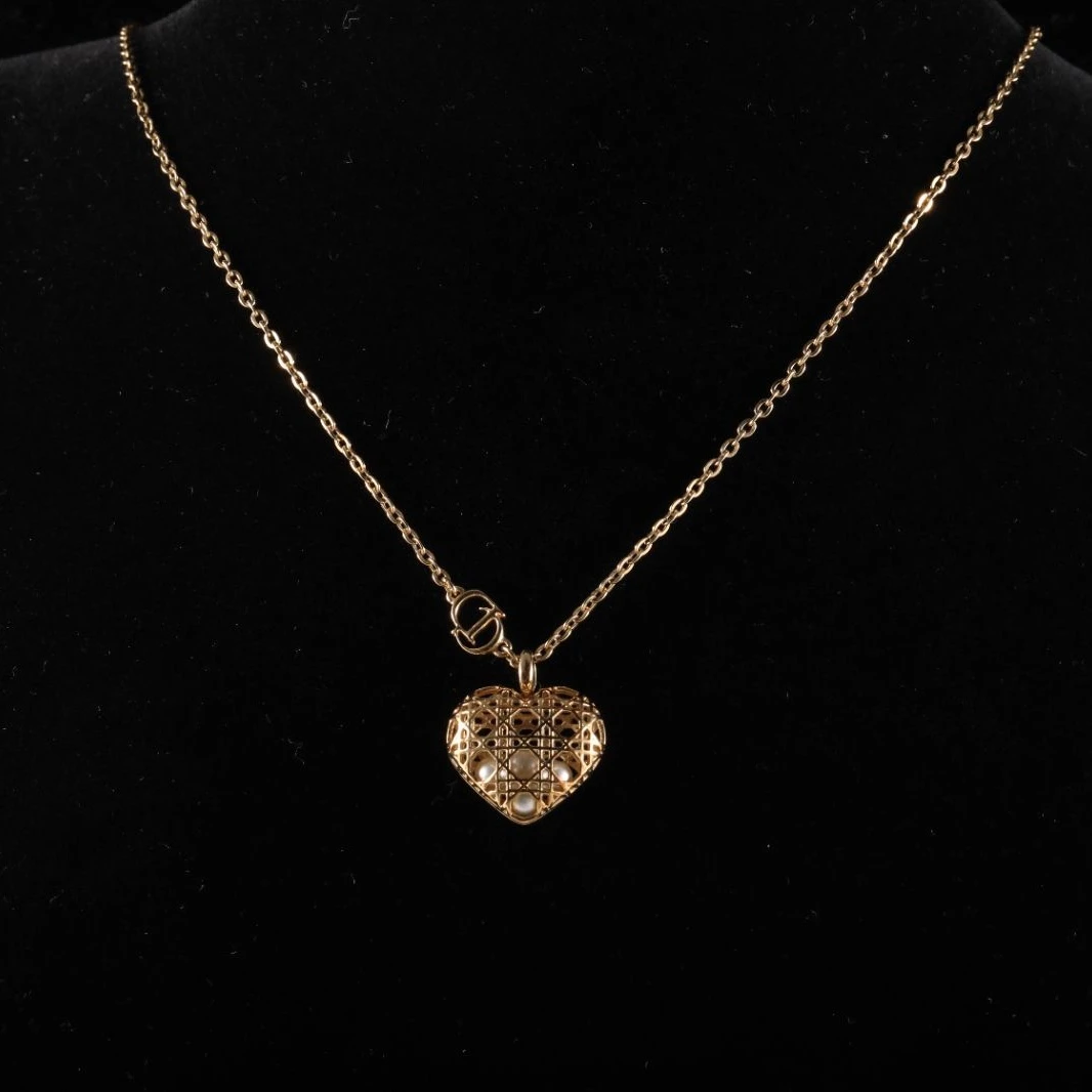 95新 DIOR/迪奥 【花花】合金 中古 爱心 藤格纹 镂空 项链