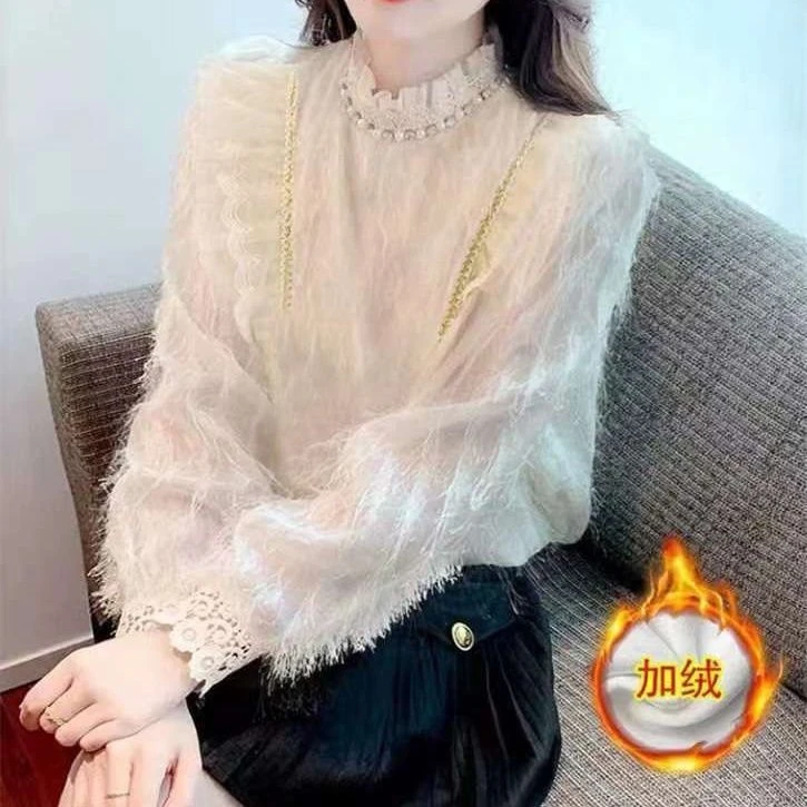 加绒加厚秋冬款衬衫女时尚蕾丝打底衫洋气内搭小衫减龄上衣