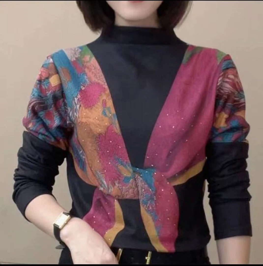 秋季新款拼色印花长袖半高领百搭洋气时尚显瘦修身打底衫女