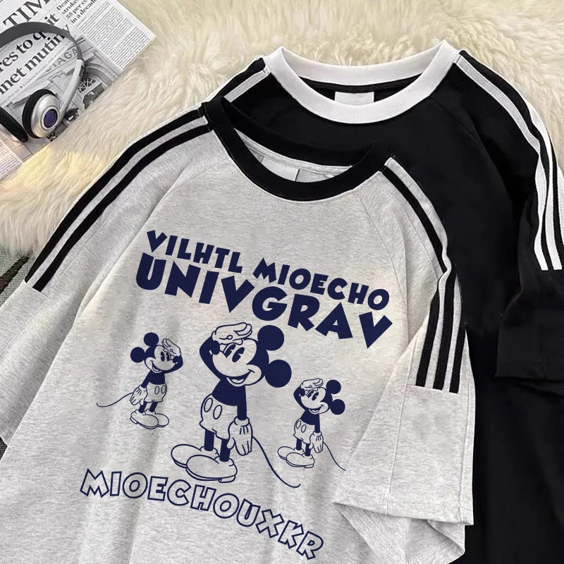 2025夏装男女童短袖t恤三条杠纯棉卡通三只米奇中大童上衣#V4311