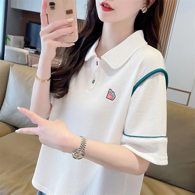华夫格polo衫短袖t恤女夏装2025新款宽松大码小个子假两件上衣服