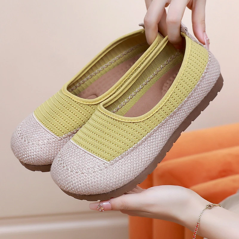 秋季新款飞织一脚蹬妈妈鞋轻便透气防滑耐磨编织工艺软底平底女鞋