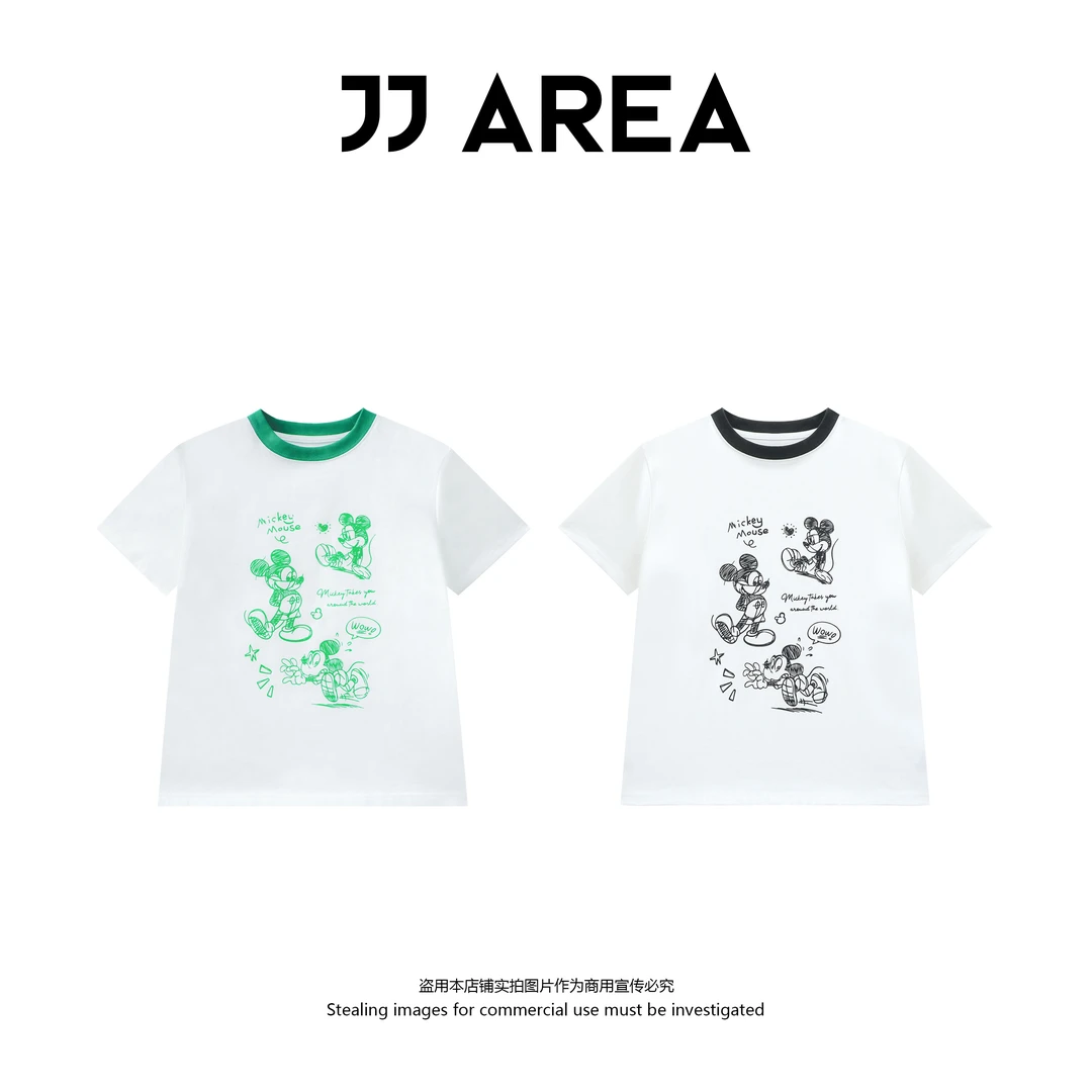 【JJ AREA】娇娇“手绘米奇”2025新款纯棉圆领正肩卡通撞色短袖