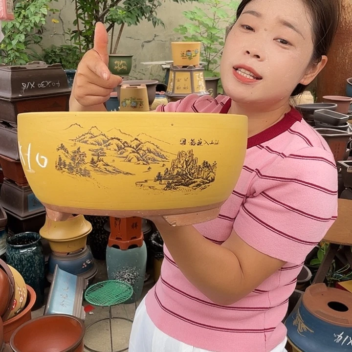 黄色江山如画中号花盆紫砂花盆