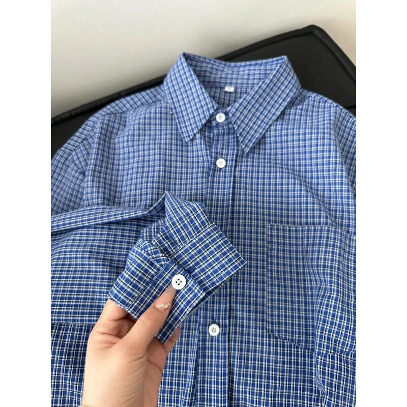 蓝色格子衬衫男春秋季美式复古慵懒风长袖衬衣高级感情侣寸衫外套