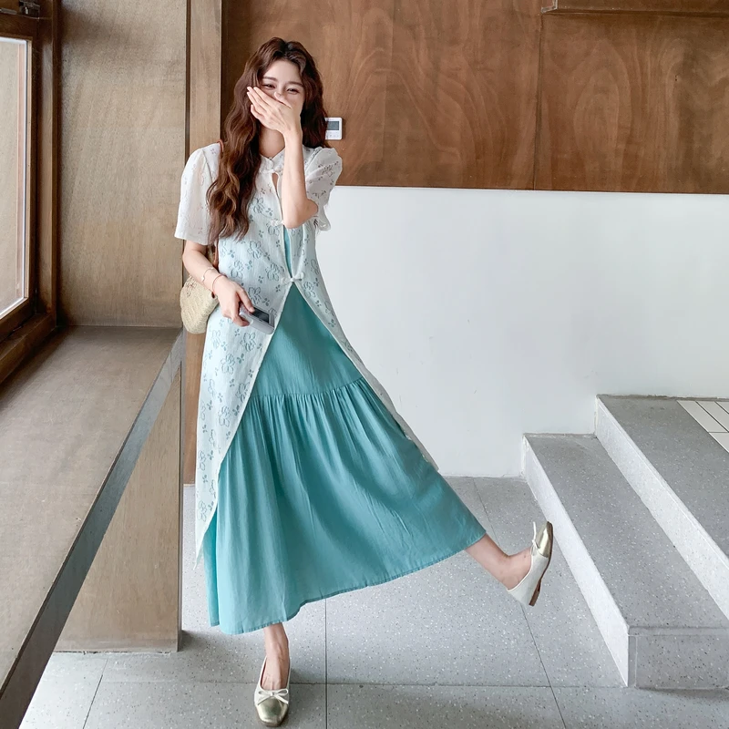 新中式国风盘扣罩衫套装女2025夏季新款气质显瘦吊带连衣裙两件套