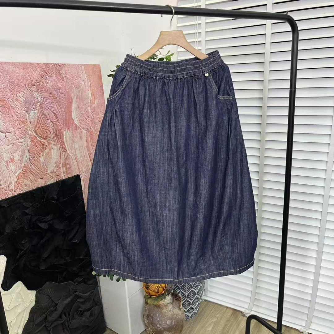 日系休闲松紧腰「宽松阔版文艺」A字半身裙E5791