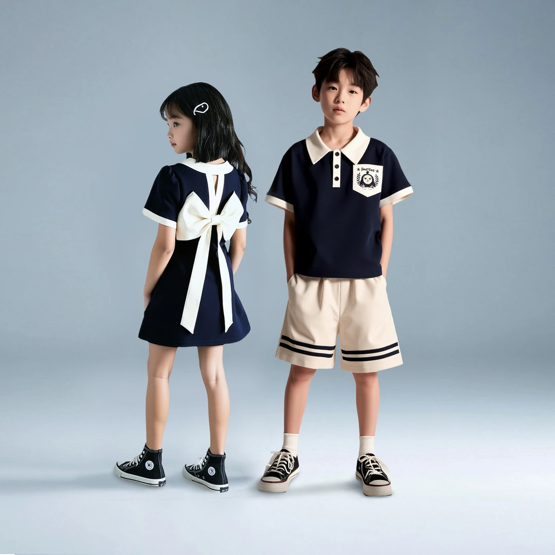 现货夏季男女童亲子装翻领套装2025儿童韩版时尚短袖裙D2S6-720