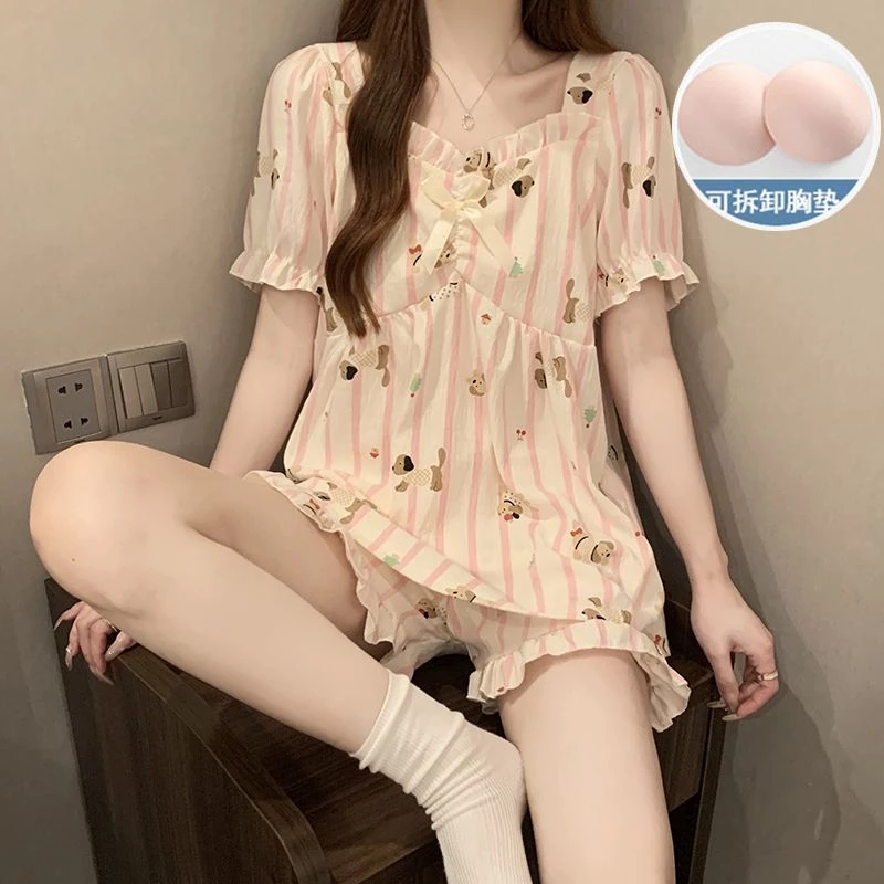 卡通法式睡衣女夏季公主风短袖短裤带胸垫网红爆款外穿家居服套装