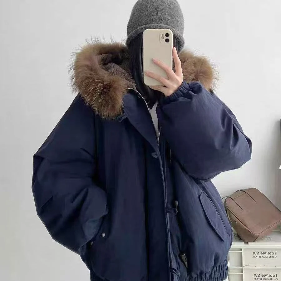 864区986藏蓝色毛领石墨烯云绒服