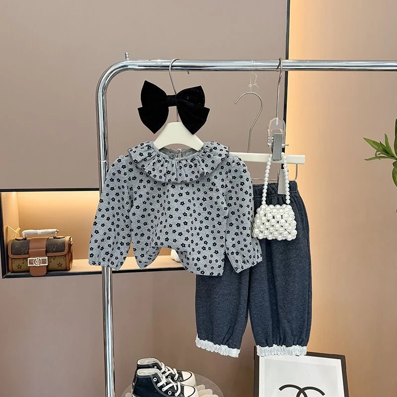 森系女童套装春装2025新款韩版女宝宝复古娃娃衫碎花休闲裤两件套