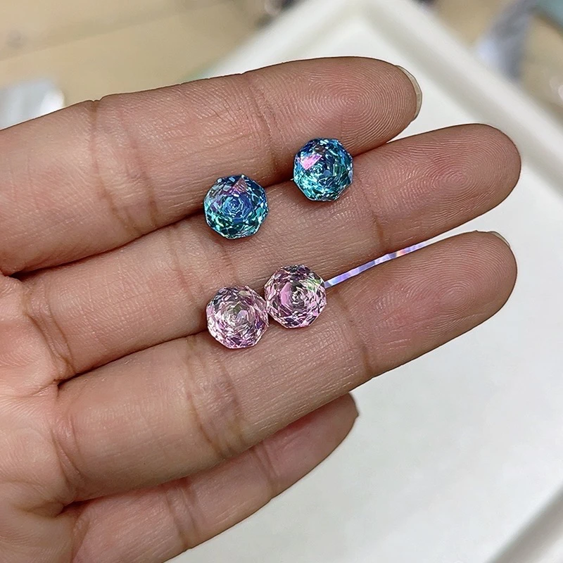 082 爆闪几何时尚超闪蓝色气质男友风镶嵌耳钉女男女通用