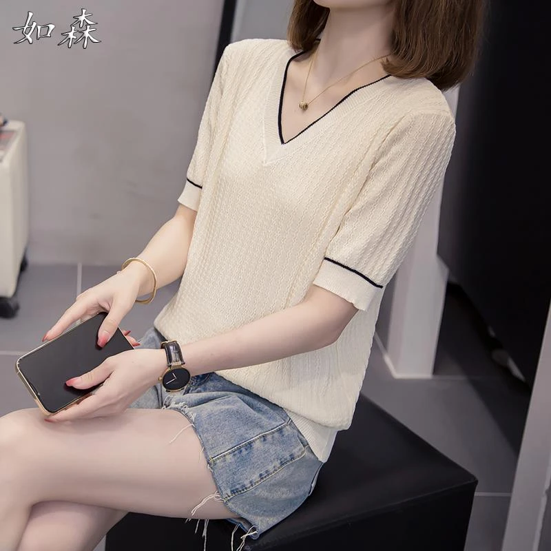 夏季薄款冰丝V领短袖针织衫T恤女宽松大码胖mm遮肚子正肩打底上衣