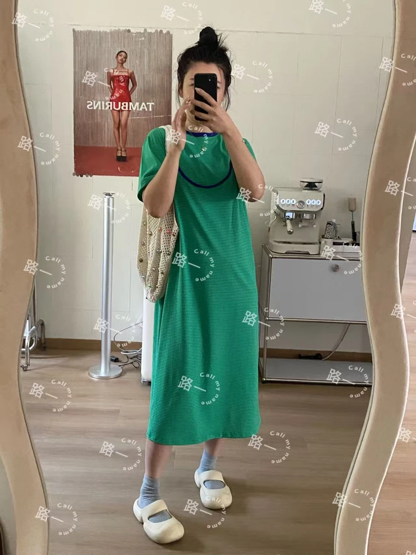 韩国代购.  Call my name  三种穿法绿色拼接条纹裙 L25052447