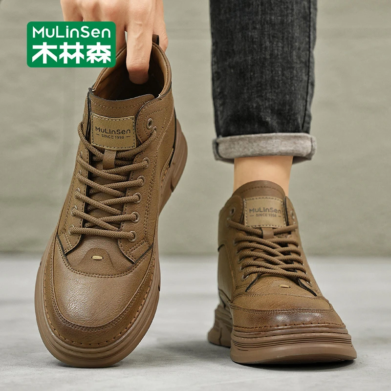 木林森高帮休闲鞋2025秋季新款小众复古皮鞋男士工作商务开车板鞋