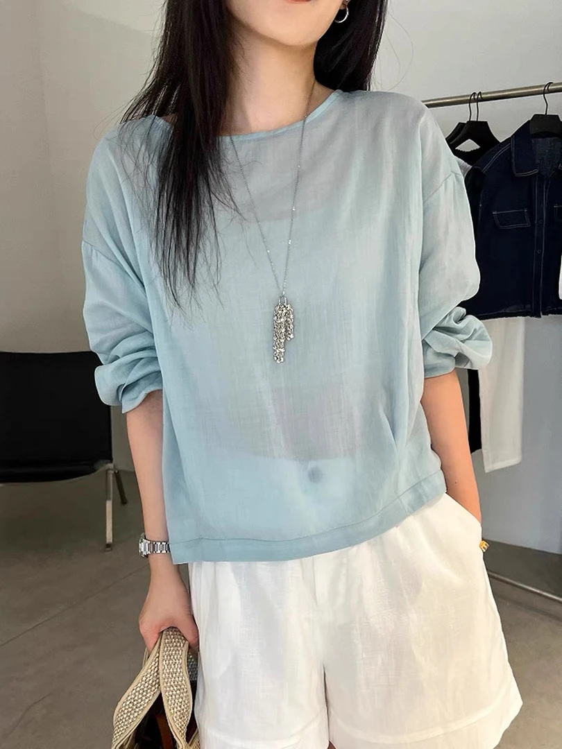 55243夏季新款慵懒风纯色百搭女宽松长袖套头防晒衣休闲套头衬衫