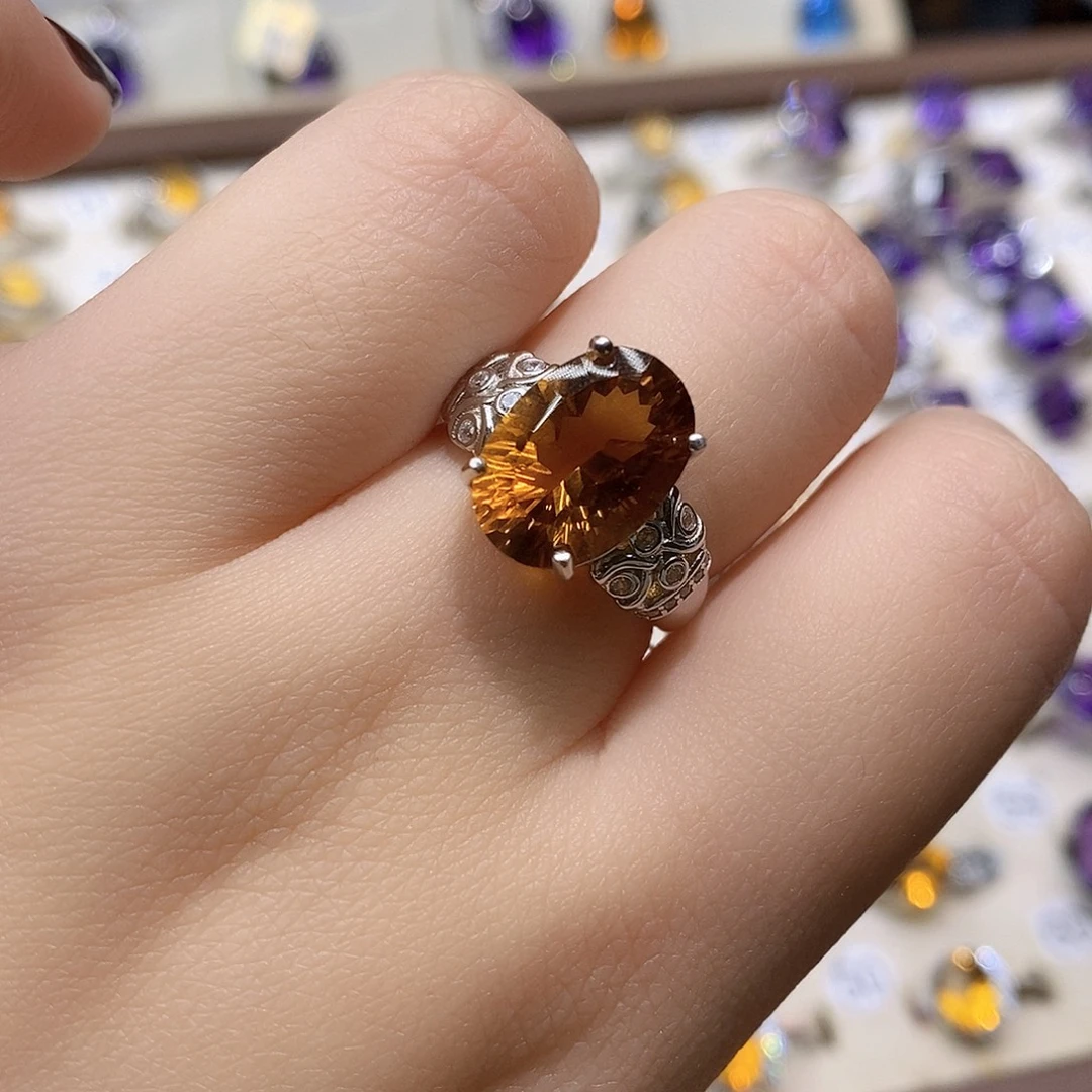 ****渡戒指银S925镶嵌水晶纯天然黄水晶戒指J